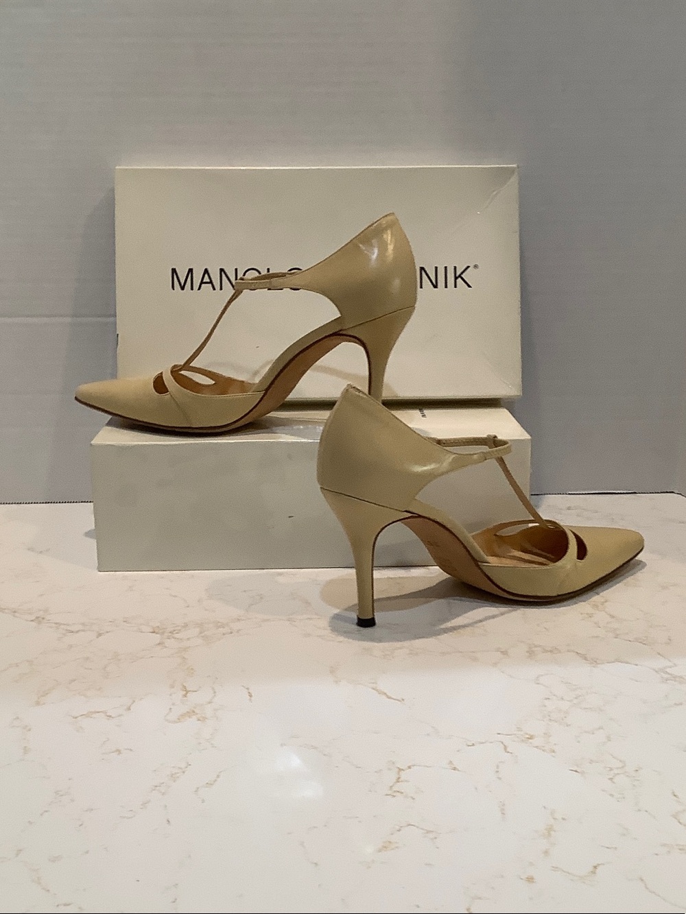 Manolo Blahnik Nude T-Strap Pointed Toe Pumps - Picture 3 of 4